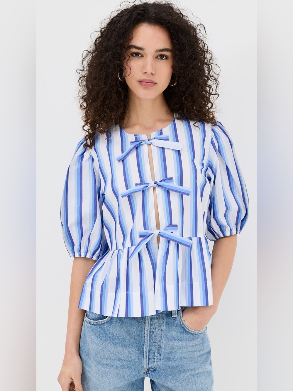 GANNI Striped Peplum Tie Blouse Cotton Puff Sleeve Top FR 42 US Large